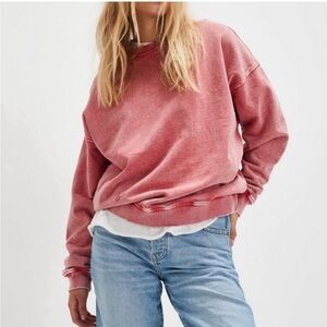 Free People Falling Forward Snow Washed Destroyed Crew Sweatshirt Size Small Red